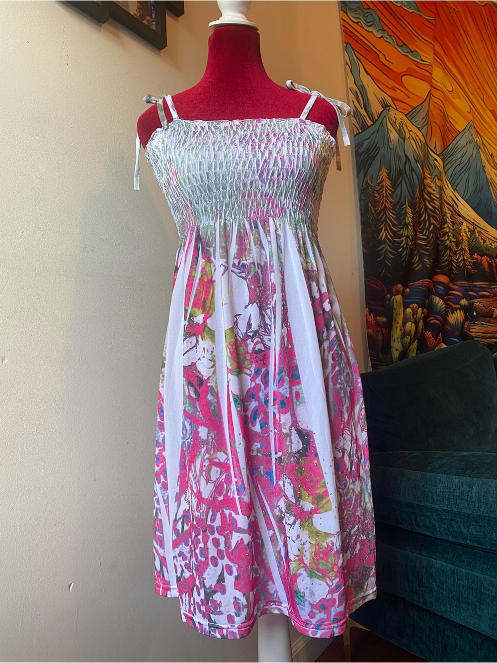Y2K Style Sleeveless Smocked White & Pink Floral Dress